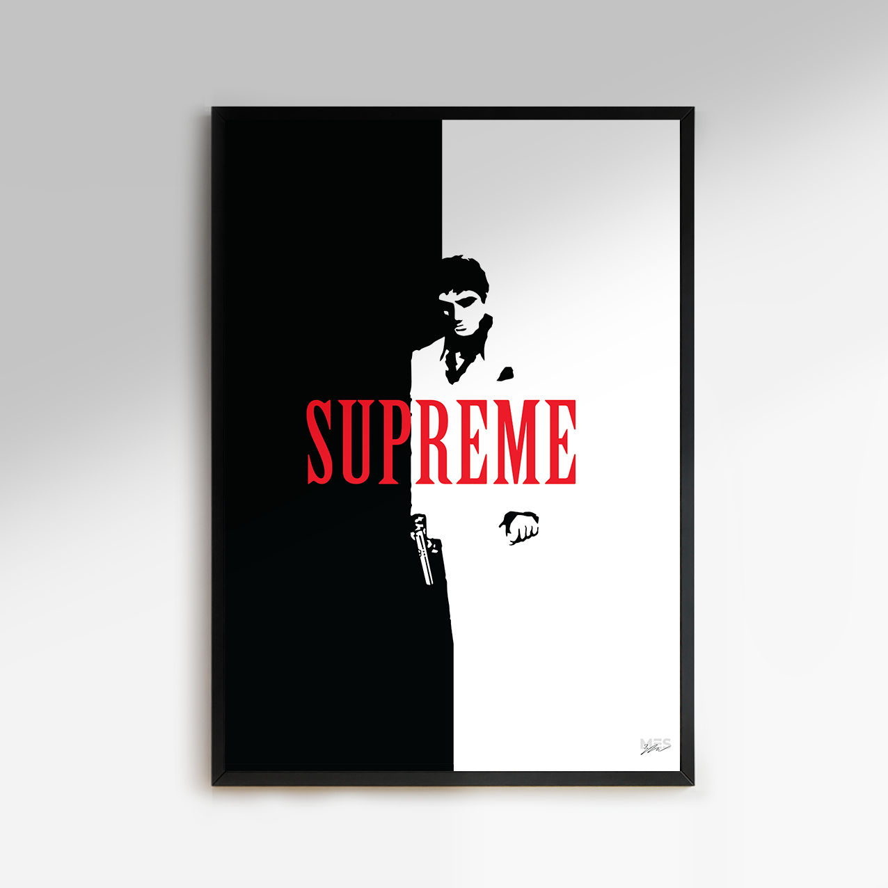 Premium & Sustainable Supreme Scarface Poster Print. Hand crafted in the UK from the highest quality paper, created with sustainable FSC paper. Texturised inks, brings the poster to life. Available to purchase with a Polcore Recycled Plastic Frame with Perspex screening to let your print do the talking. Global shipping