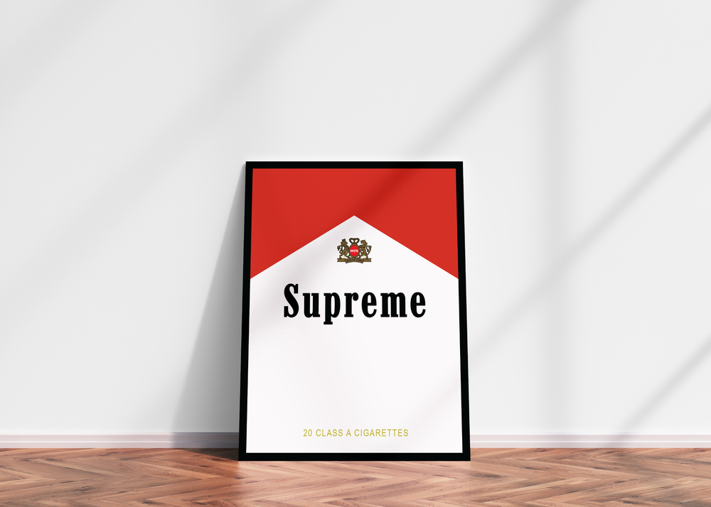 Premium & Sustainable Supreme Marlboro Poster Print. Hand crafted in the UK from the highest quality paper, created with sustainable FSC paper. Texturised inks, brings the poster to life. Available to purchase with a Polcore Recycled Plastic Frame with Perspex screening to let your print do the talking. Global shipping